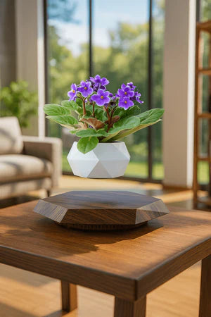 Levitating – Floating Flower Pot with Wood Base | أصيص زهور عائم بقاعدة خشبية